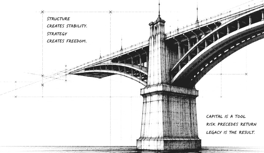 Architectural ink drawing of a stone and steel bridge with faint blueprint construction lines.